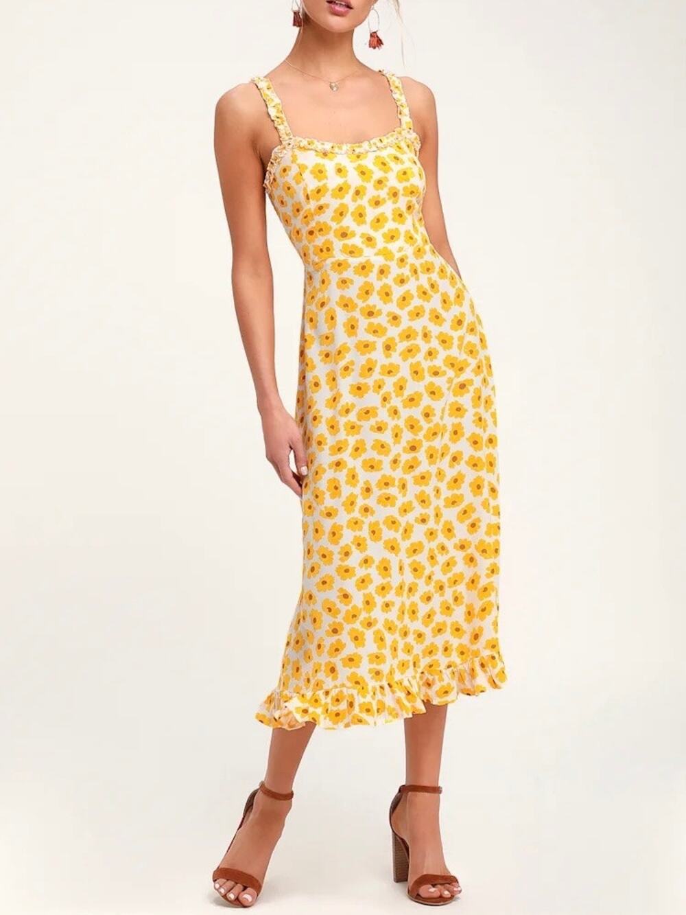 Faithfull The Brand Yellow Floral Noemi Shift Midi Dress Sz.6